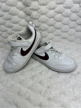 Nike Kids White Sneakers with Maroon Swoosh